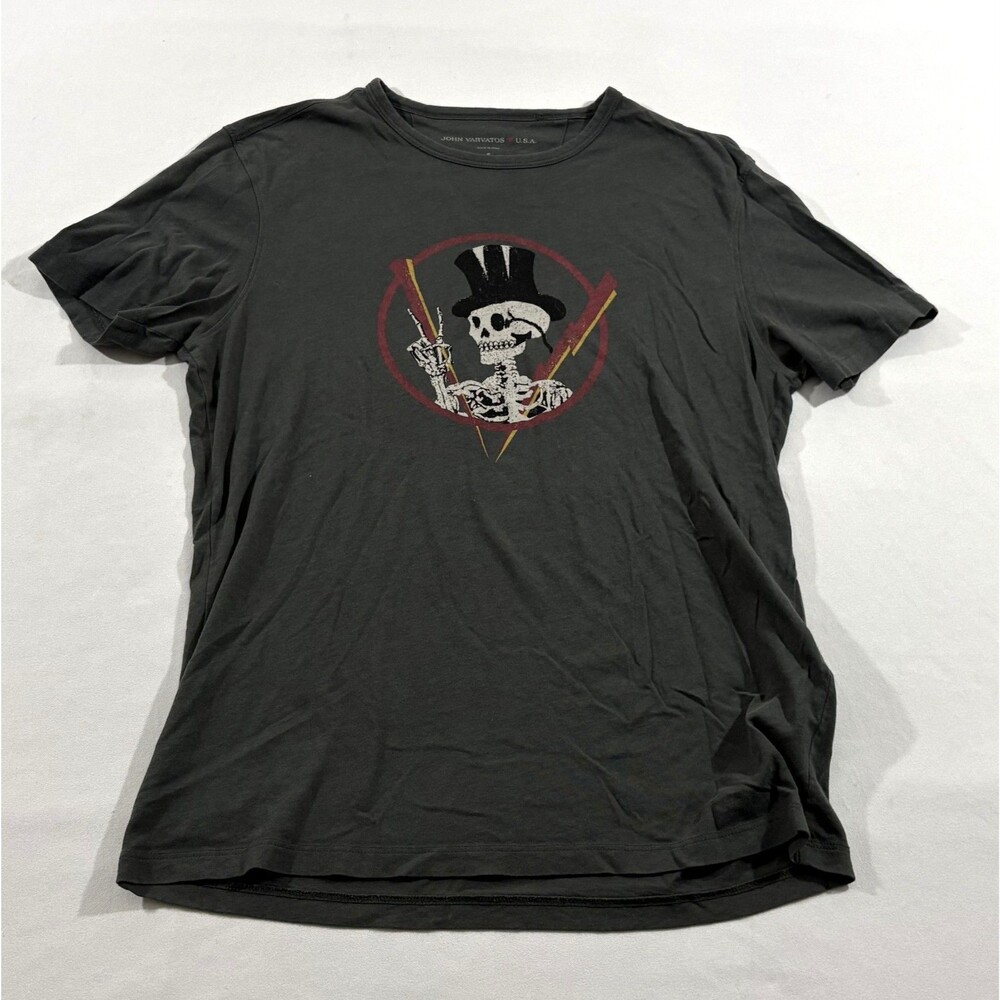 John Varvatos Mens Gray Top Hat Skull Graphic Print Crew Short Sleeve T-Shirt S